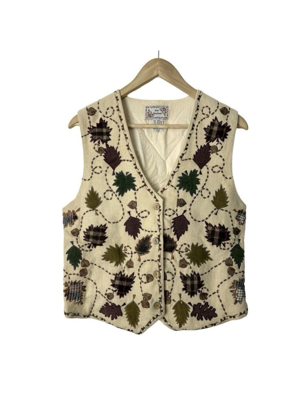 Vintage New Directions Wool Fall Autumn Leaf Vest Small Woman Wood Buttons